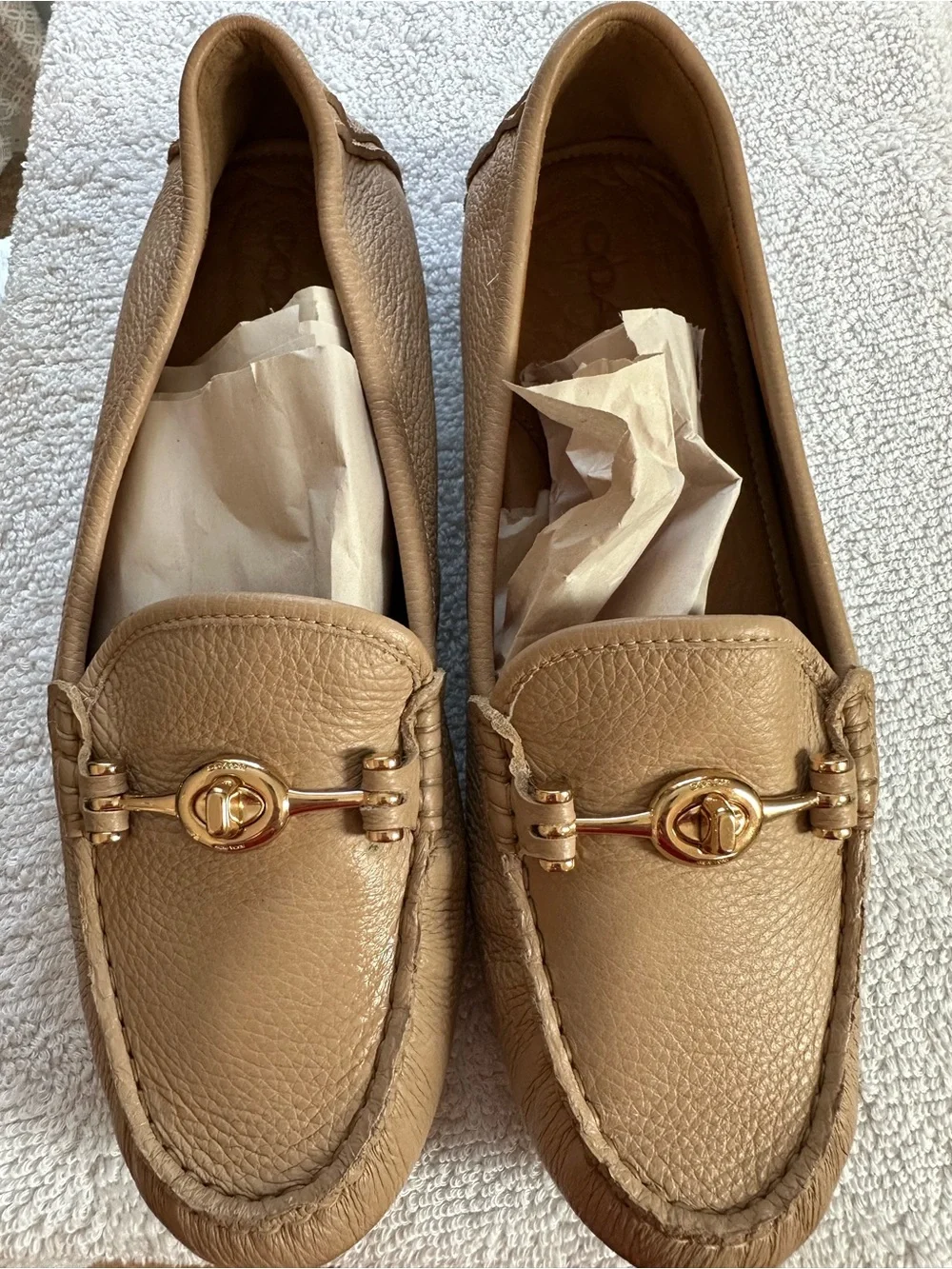 Coach Women's Beige Leather Loafers with Gold Hardware